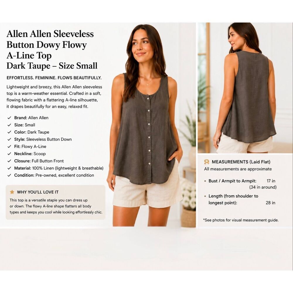 🤎 Allen Allen Sleeveless Button Front A-Line Top – Size Small